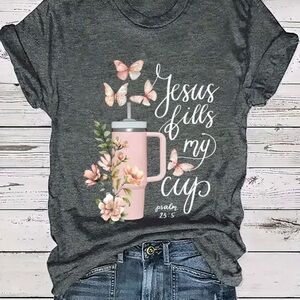 Gray Graphic Tee with Pink Floral Design